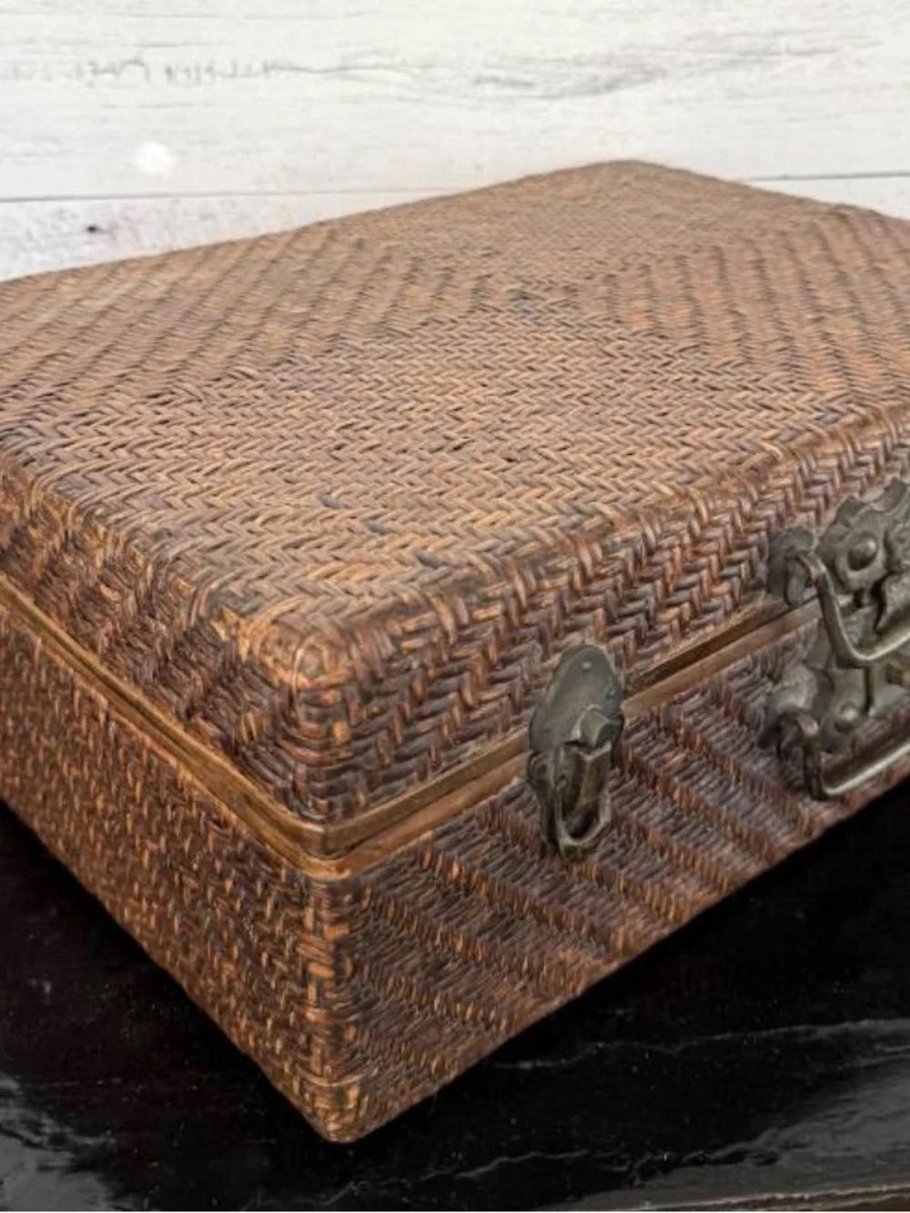 Vintage Asian Woven Rattan & Wood Storage Trunk Chest with brass hardware